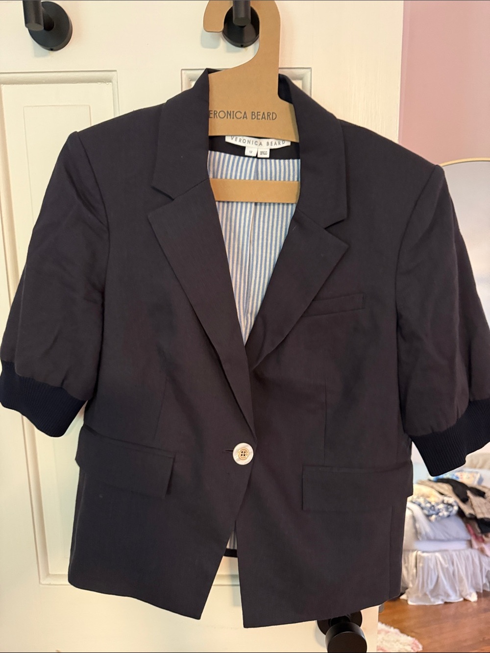 Veronica Beard Navy Short-Sleeve Tailored Blazer